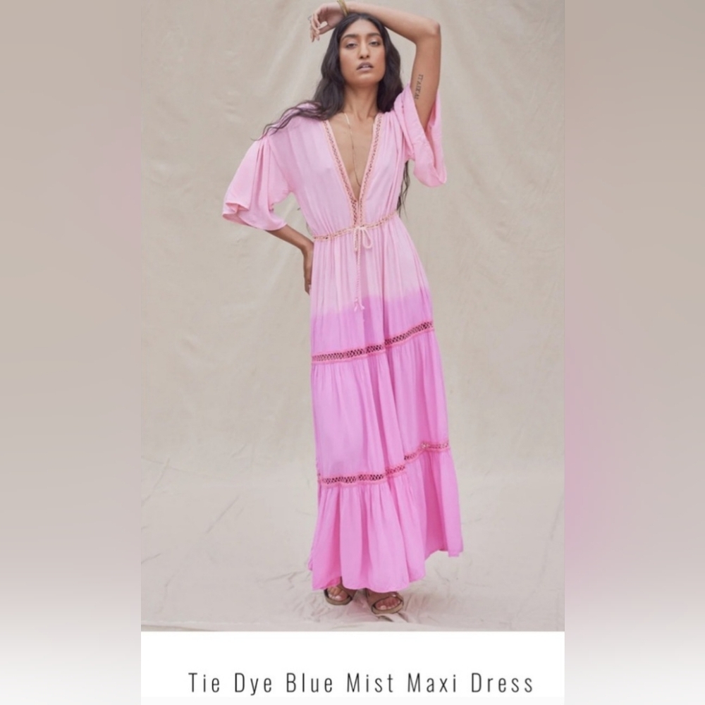 Jens Pirate Booty Tie Dye Blue Mist Maxi Dress Women XS/S Pink Ombré tiered Boho